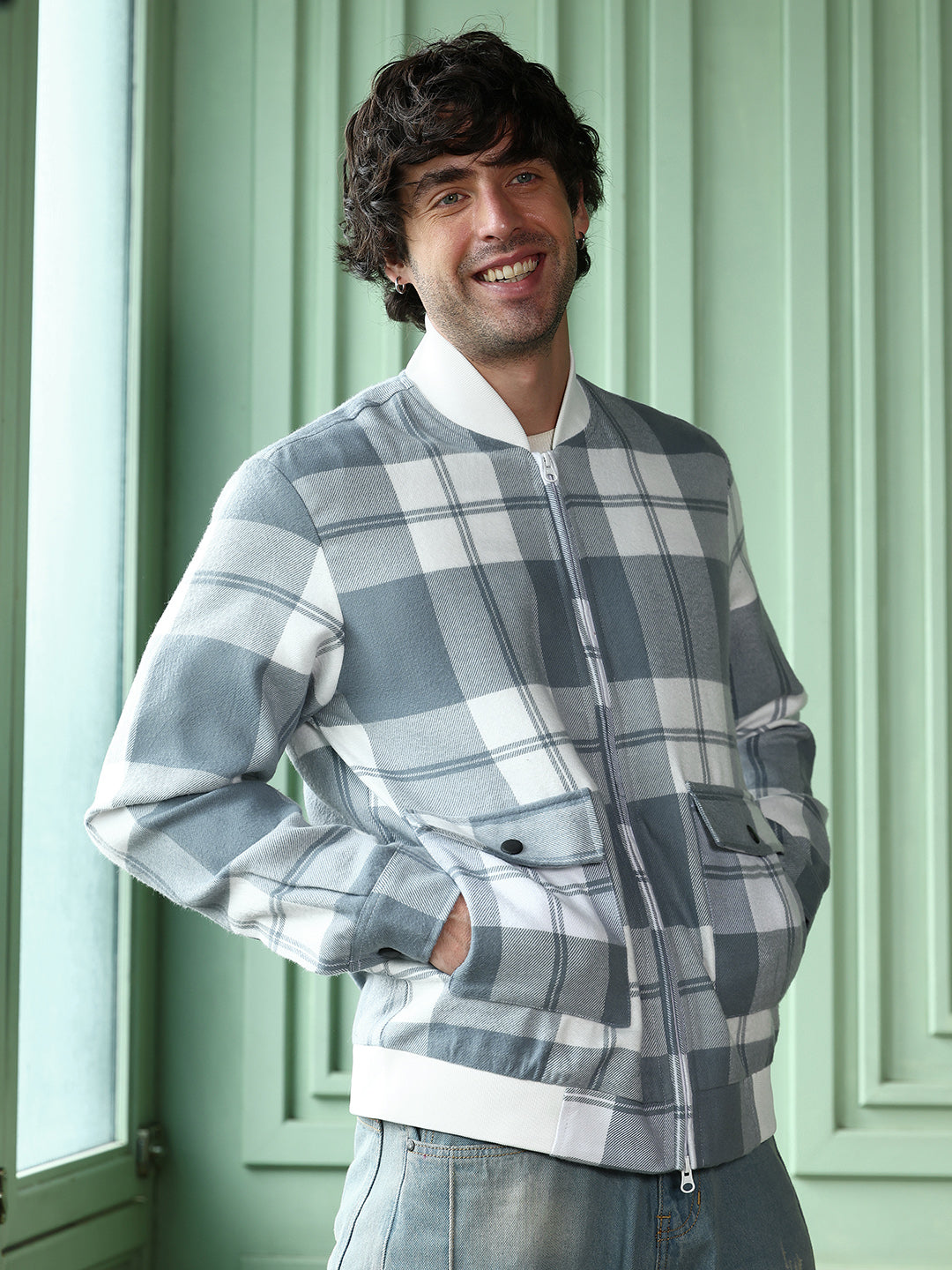 Zip-Front Tartan Bomber Jacket