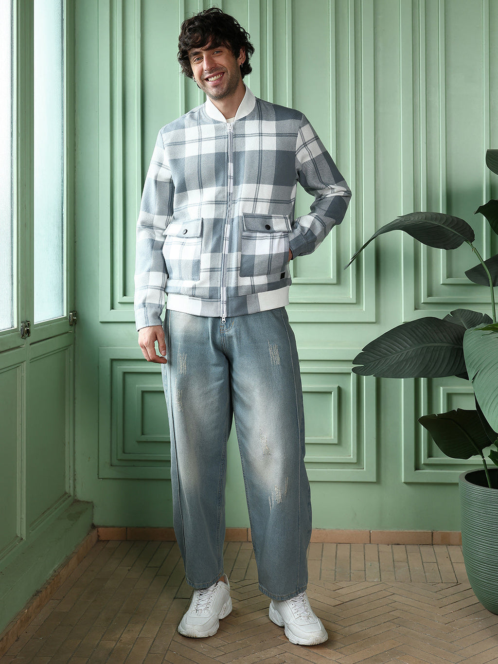 Zip-Front Tartan Bomber Jacket