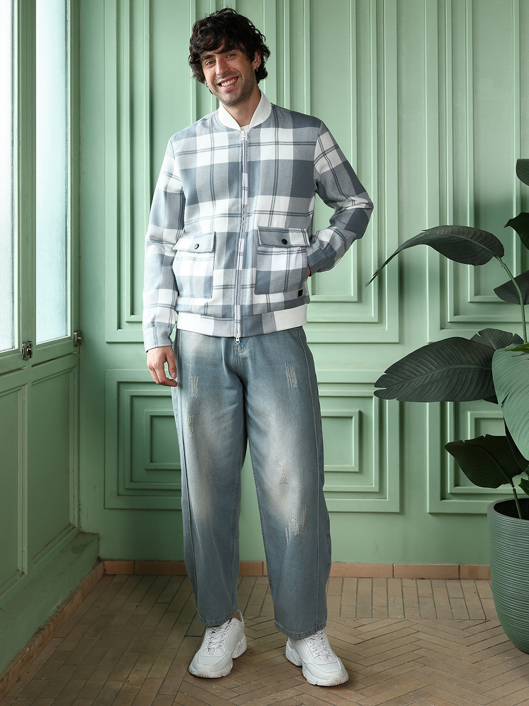 Zip-Front Tartan Bomber Jacket