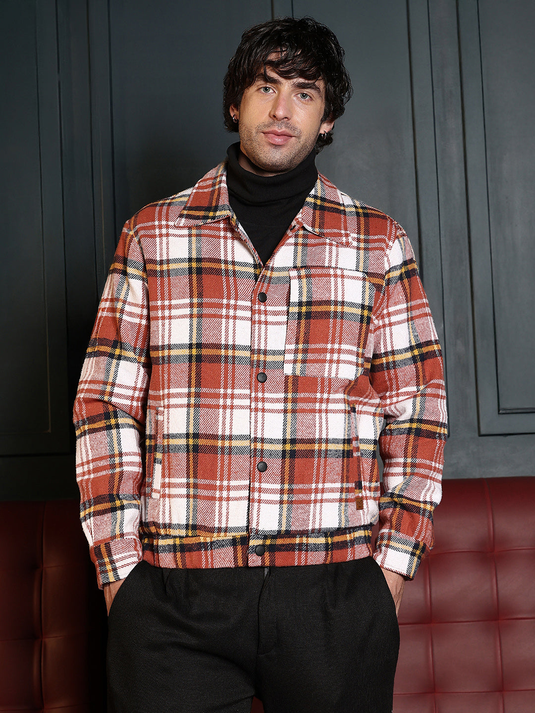 Twill-Plaid Utility Bomber Jacket