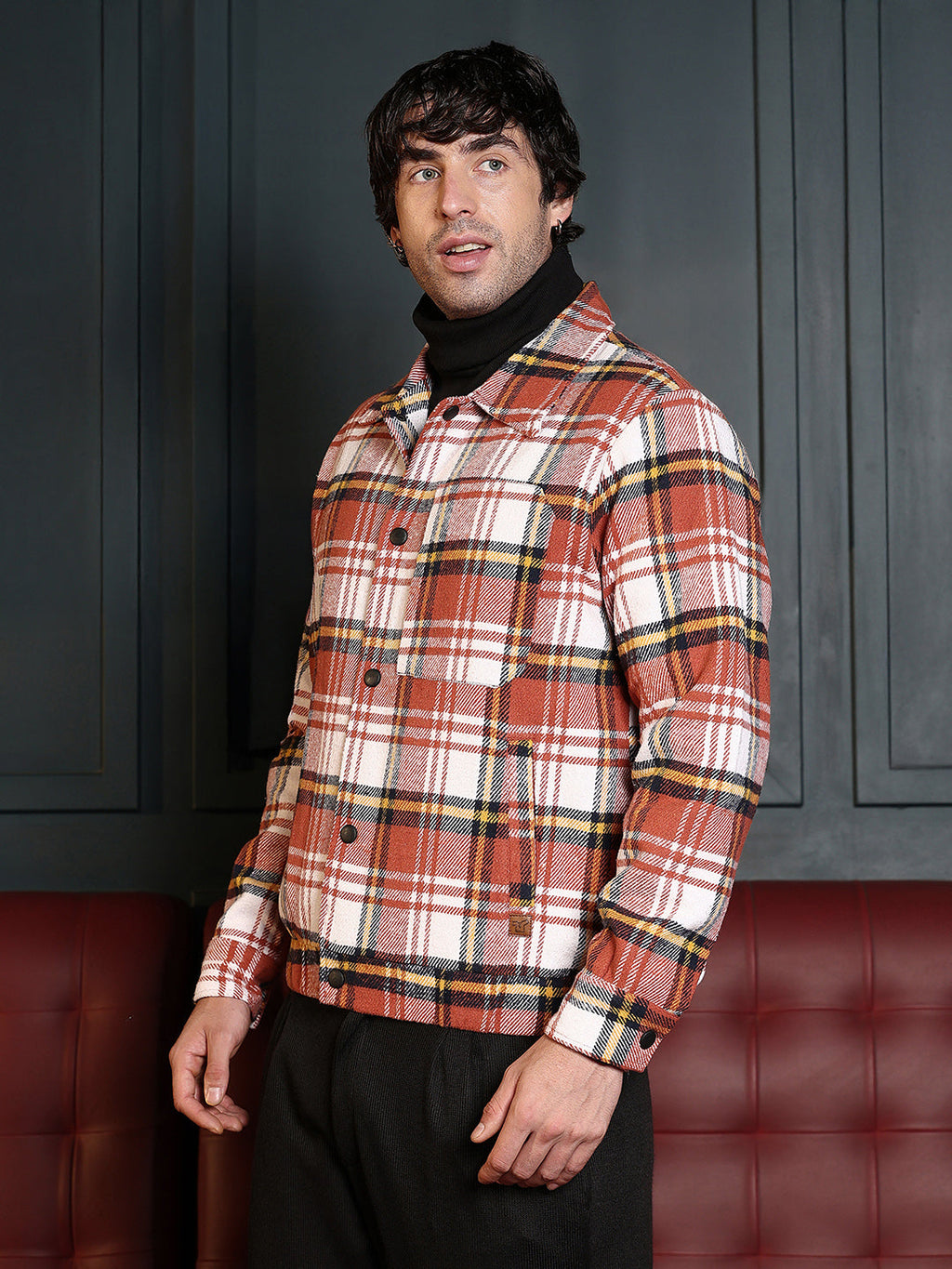 Twill-Plaid Utility Bomber Jacket