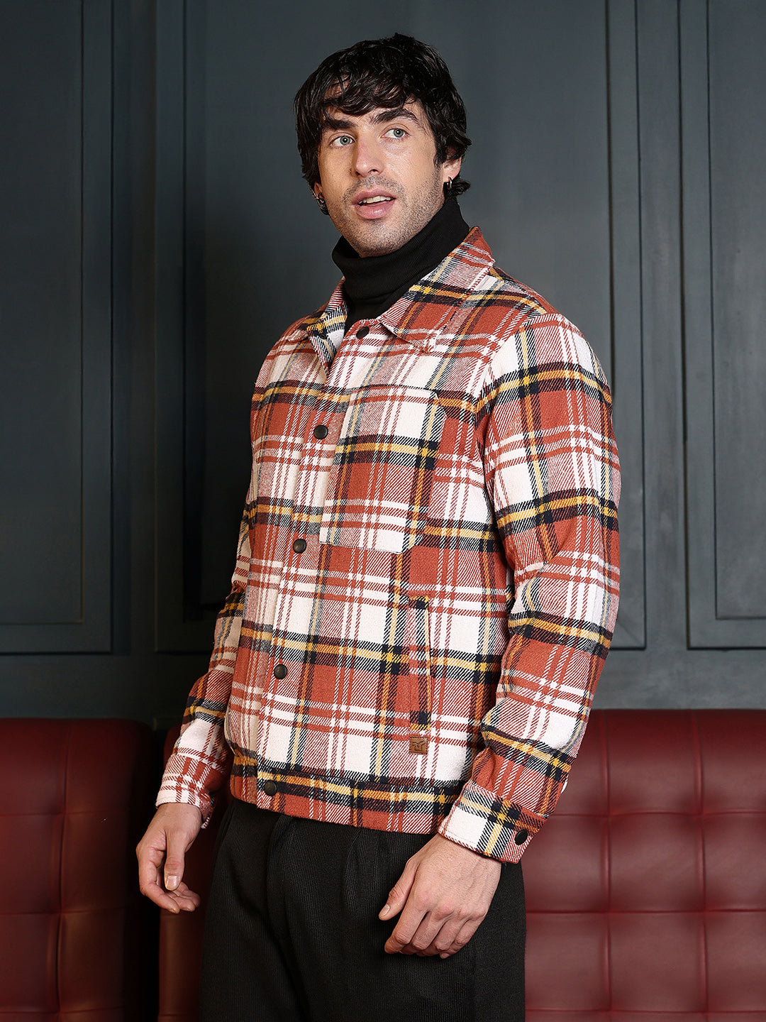 Twill-Plaid Utility Bomber Jacket