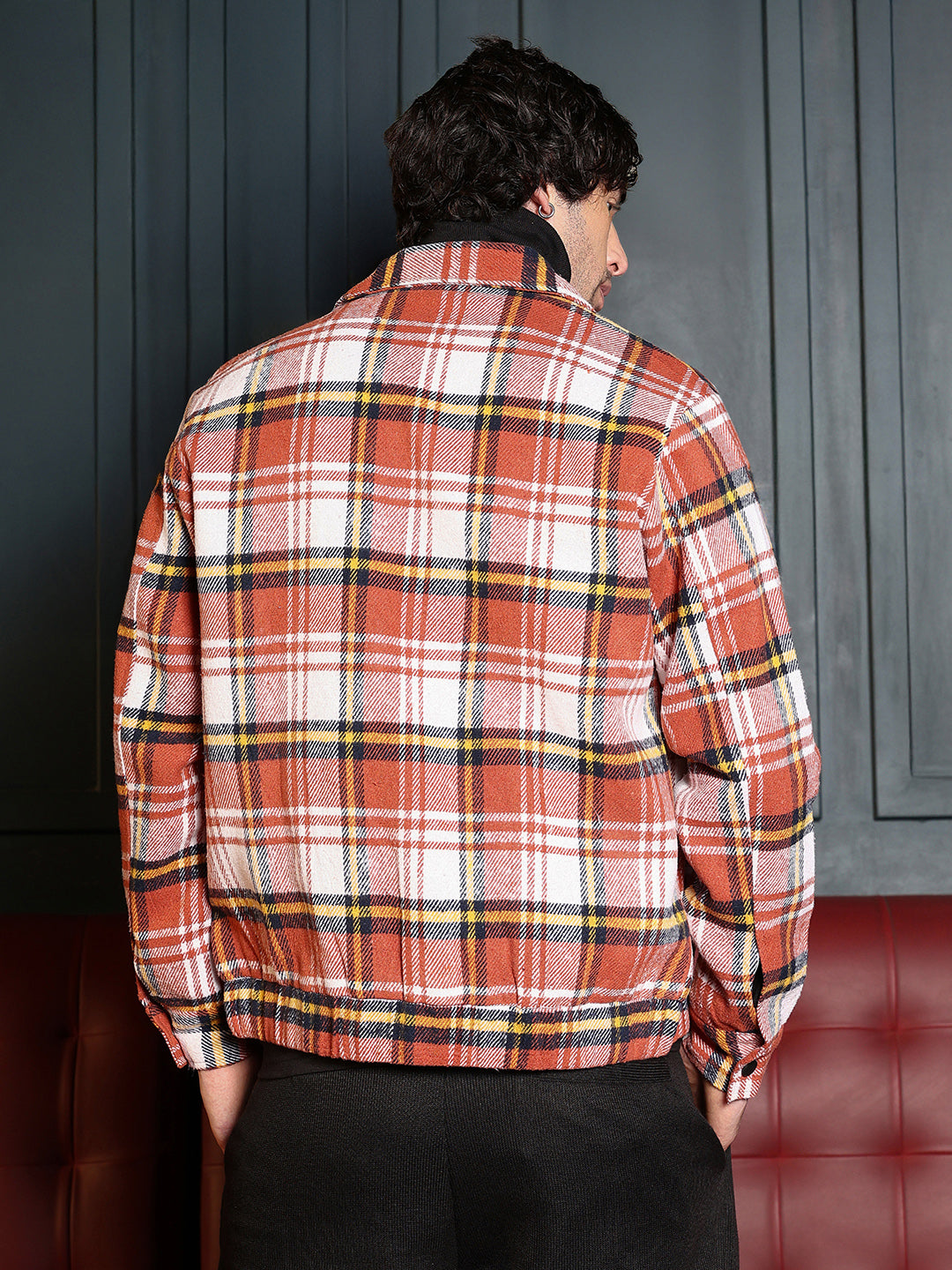 Twill-Plaid Utility Bomber Jacket