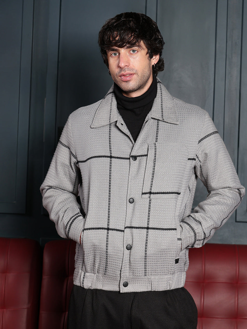 Waffle-Grid Utility Bomber Jacket