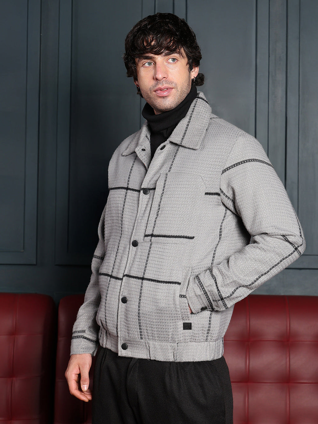 Waffle-Grid Utility Bomber Jacket