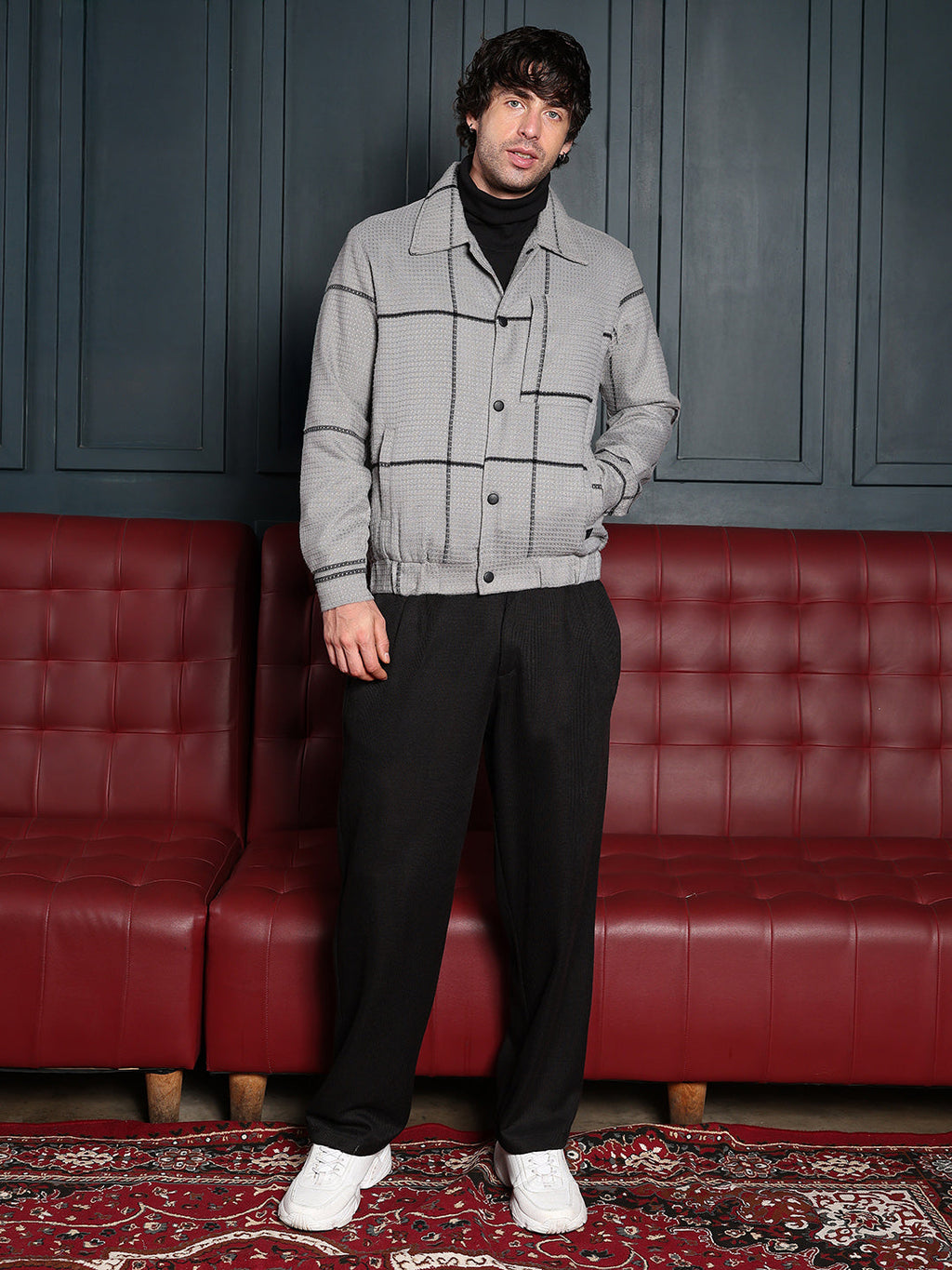 Waffle-Grid Utility Bomber Jacket