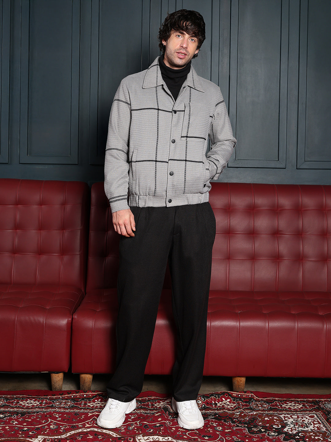 Waffle-Grid Utility Bomber Jacket