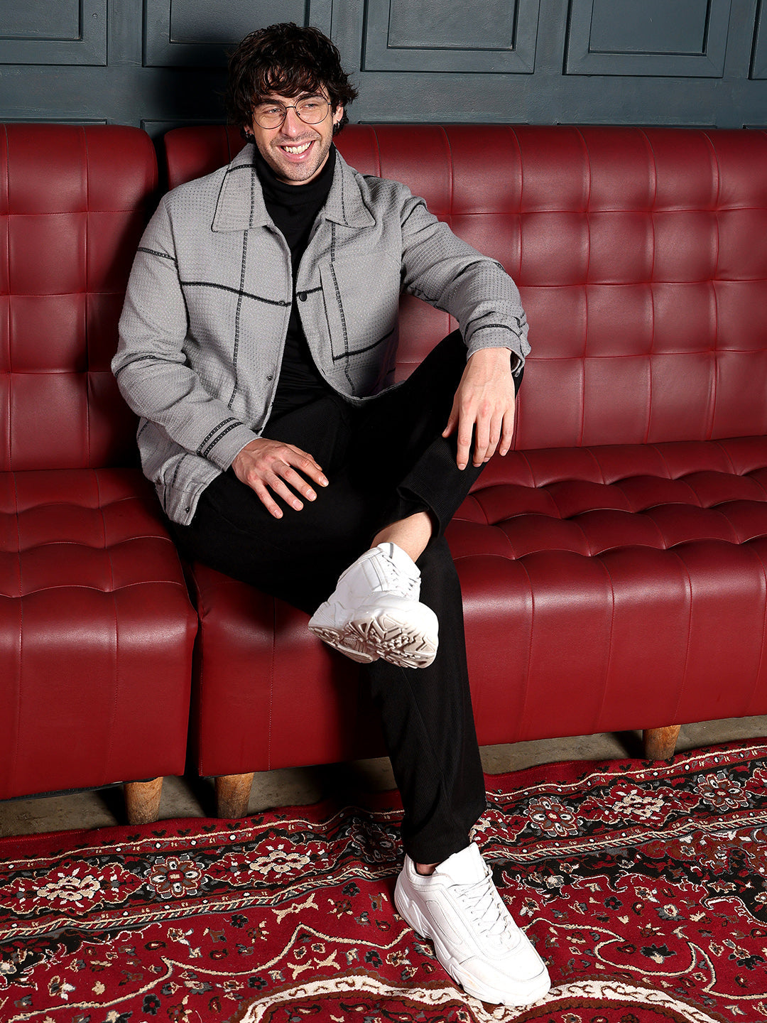 Waffle-Grid Utility Bomber Jacket