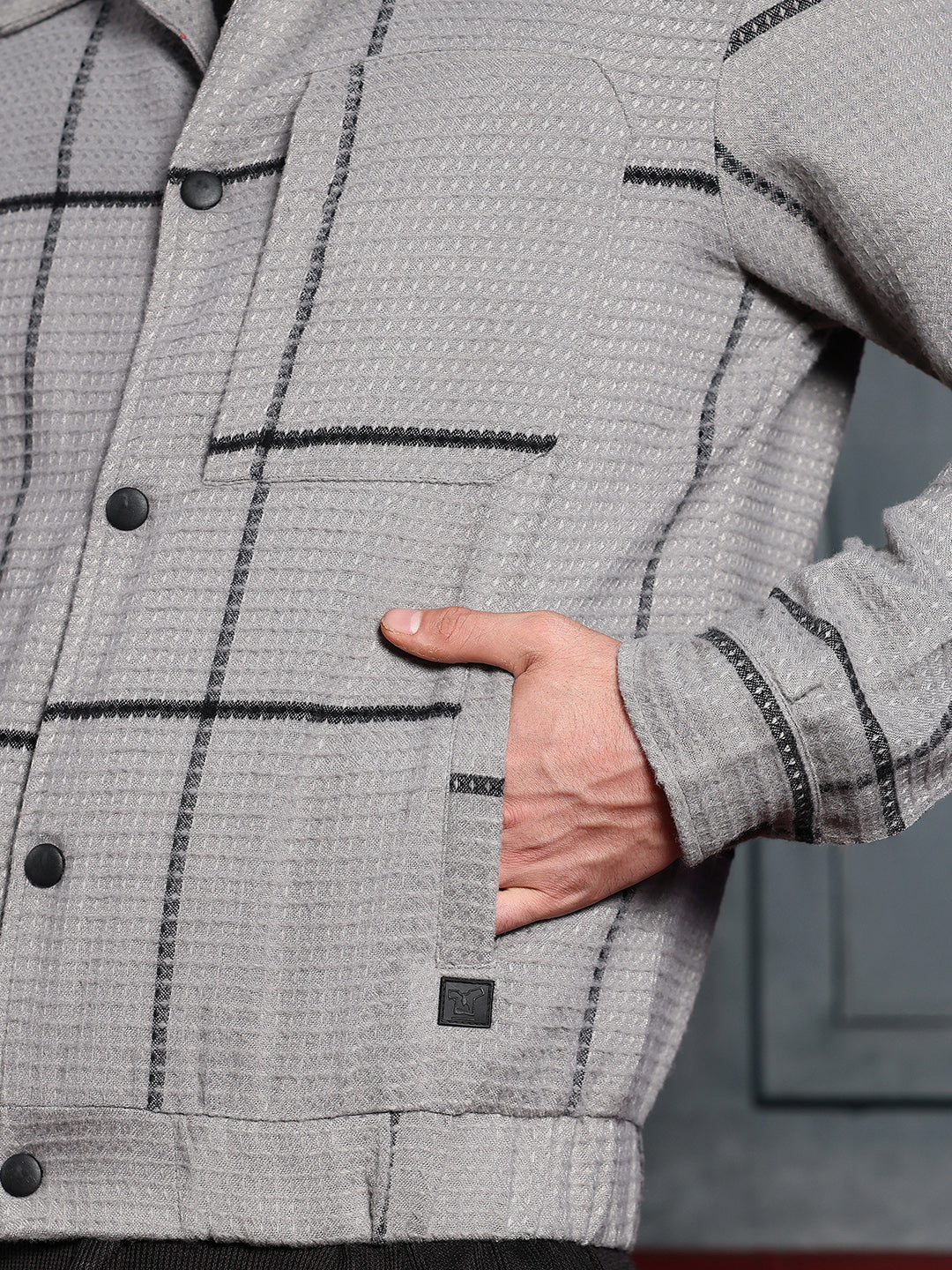 Waffle-Grid Utility Bomber Jacket