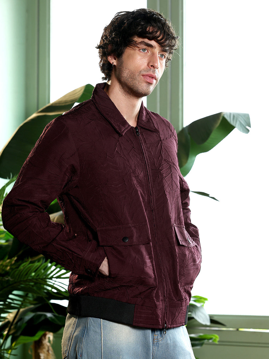 Zip-Front Foliage-Tactile Bomber Jacket