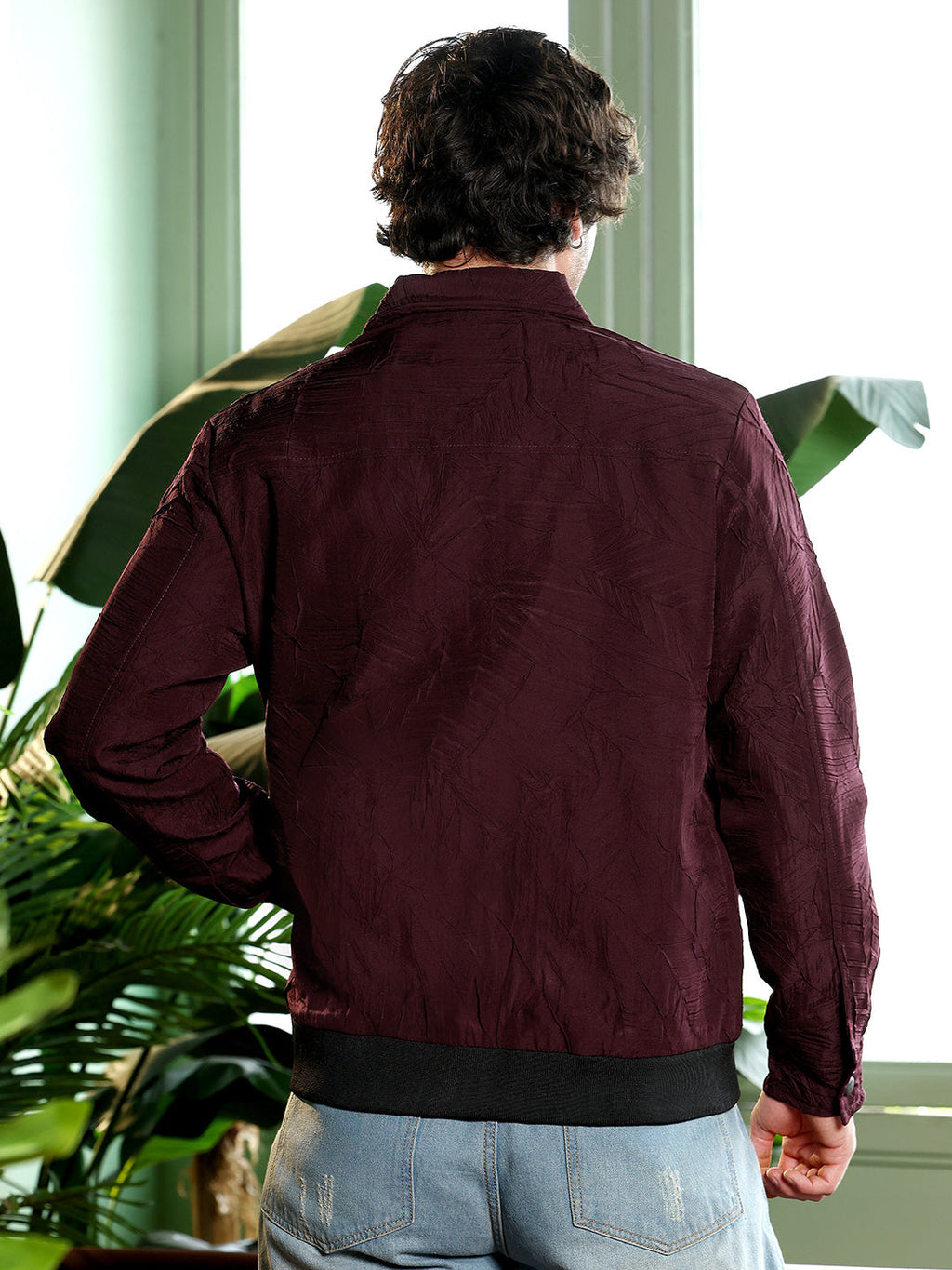 Zip-Front Foliage-Tactile Bomber Jacket