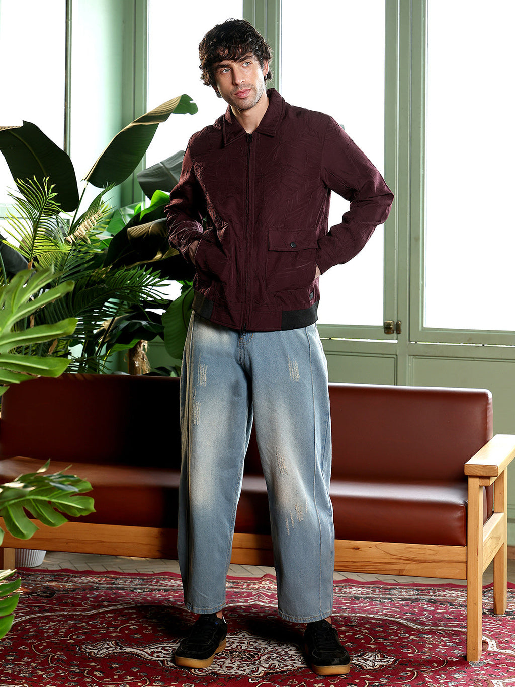 Zip-Front Foliage-Tactile Bomber Jacket