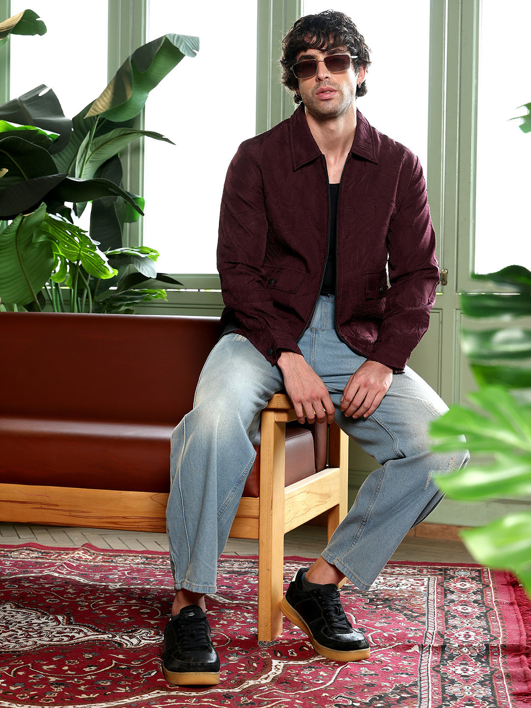 Zip-Front Foliage-Tactile Bomber Jacket