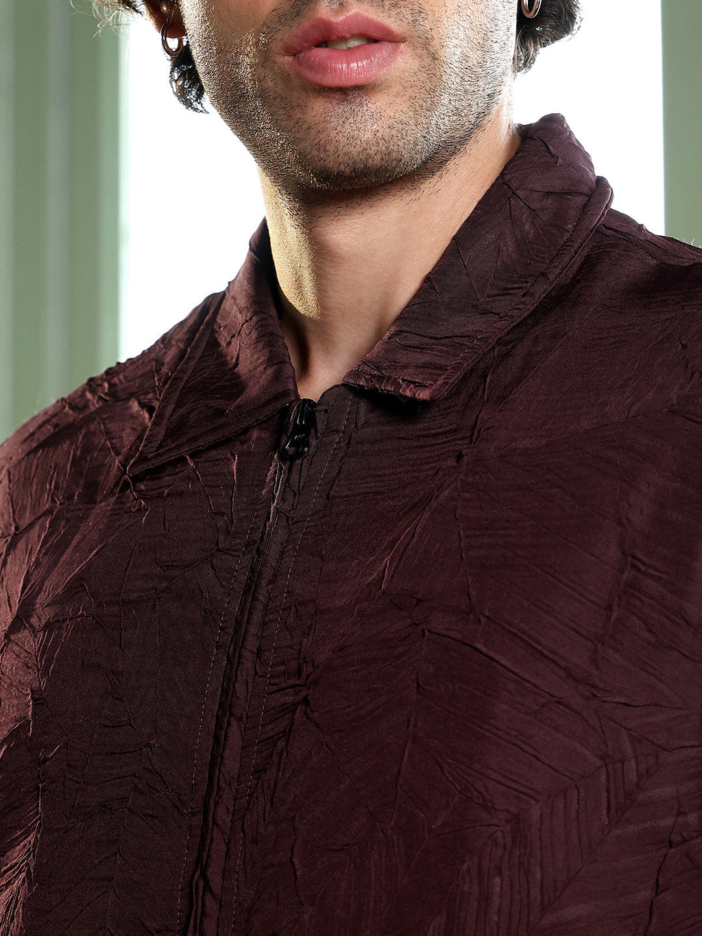 Zip-Front Foliage-Tactile Bomber Jacket