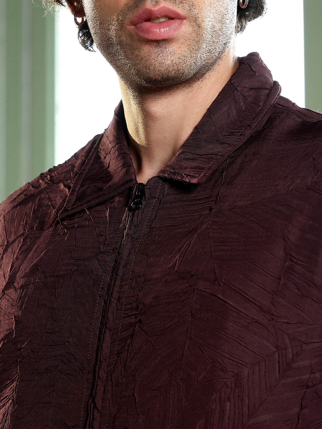 Zip-Front Foliage-Tactile Bomber Jacket