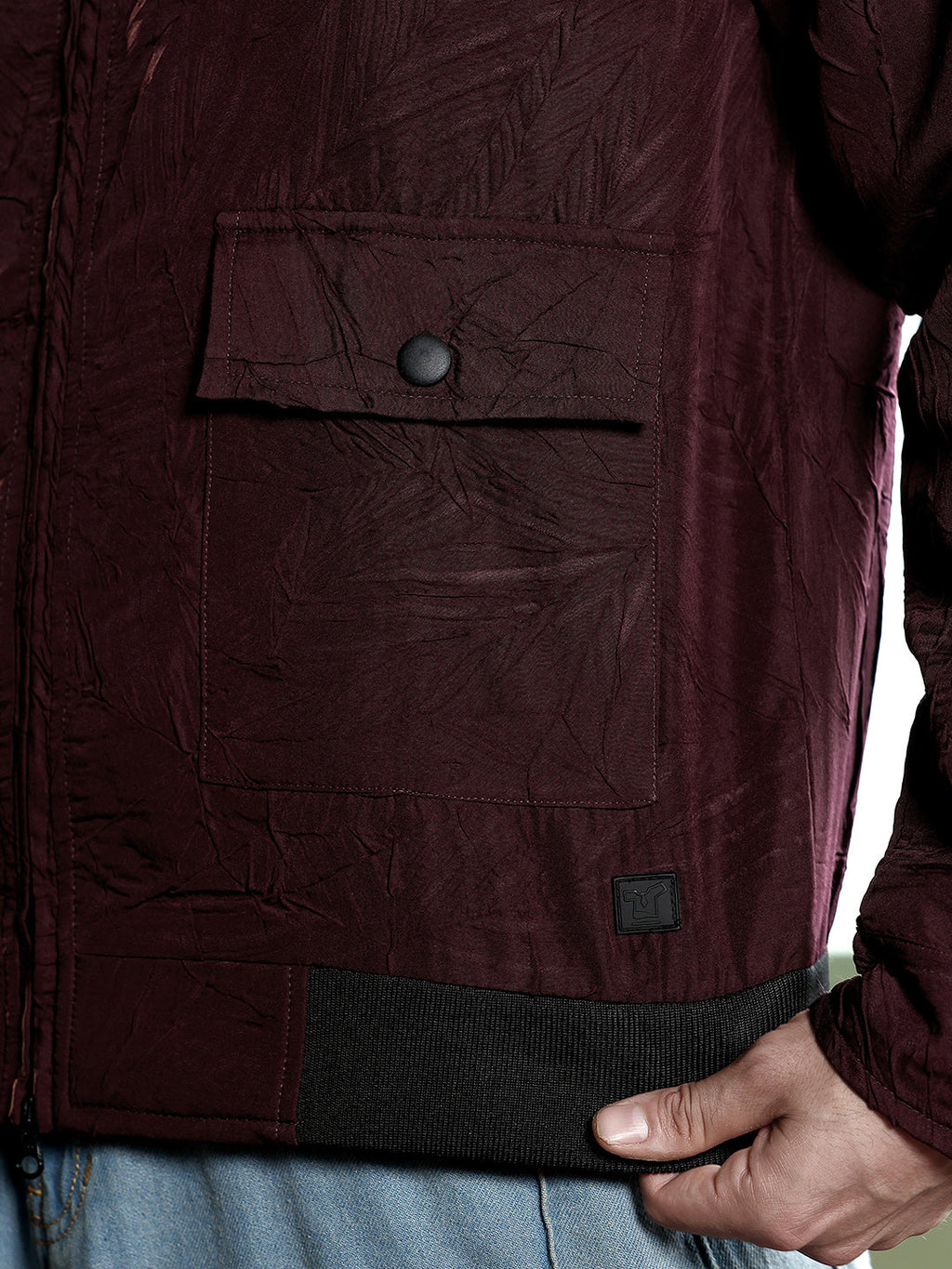 Zip-Front Foliage-Tactile Bomber Jacket