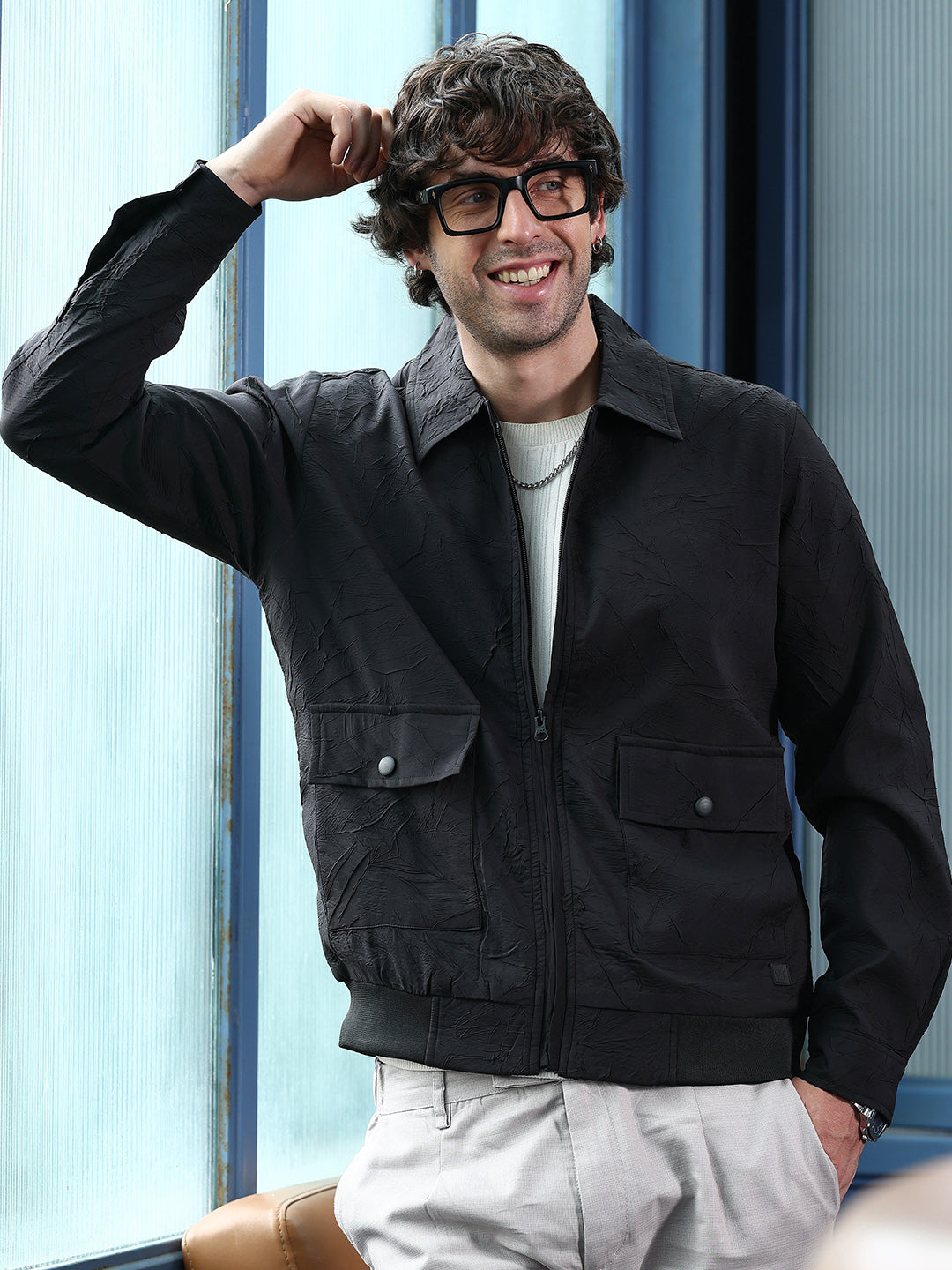 Zip-Front Foliage-Tactile Bomber Jacket