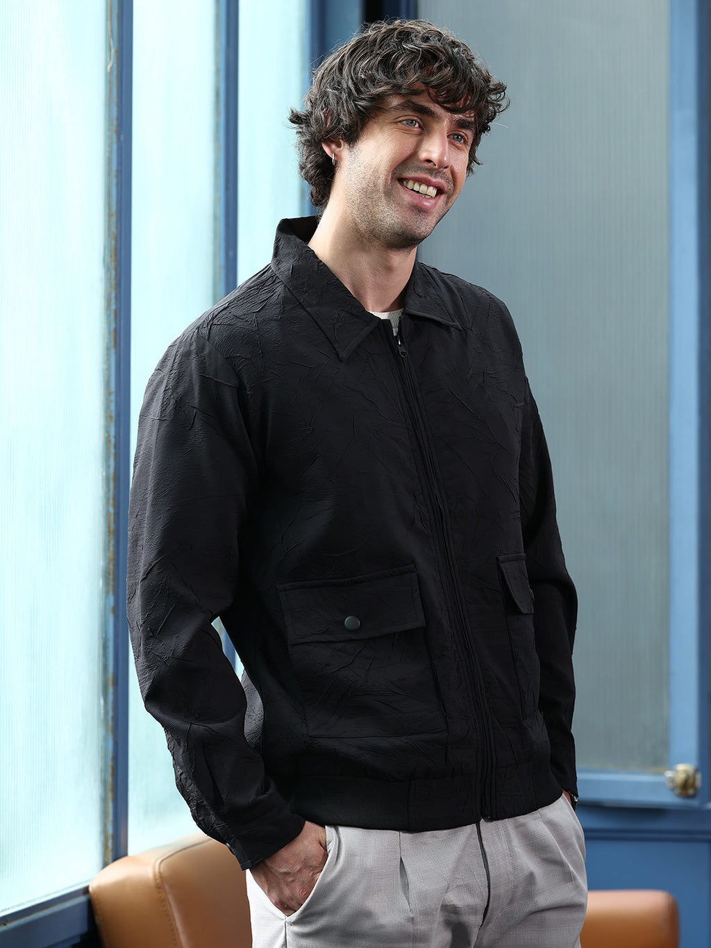 Zip-Front Foliage-Tactile Bomber Jacket