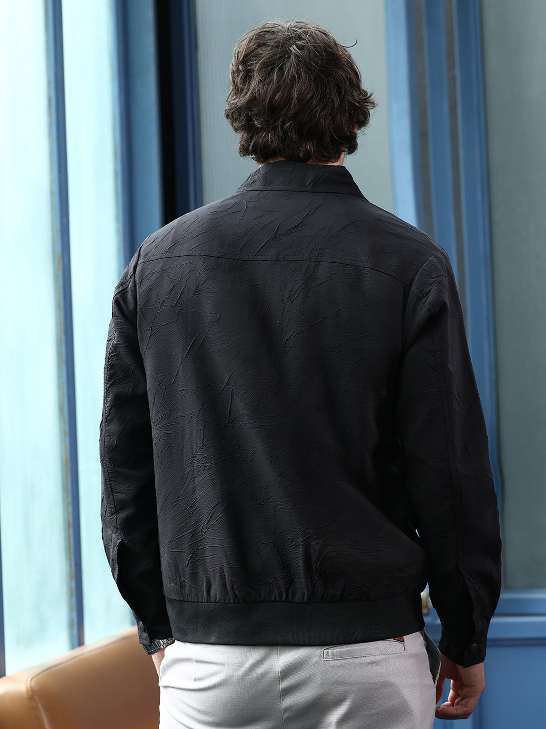 Zip-Front Foliage-Tactile Bomber Jacket