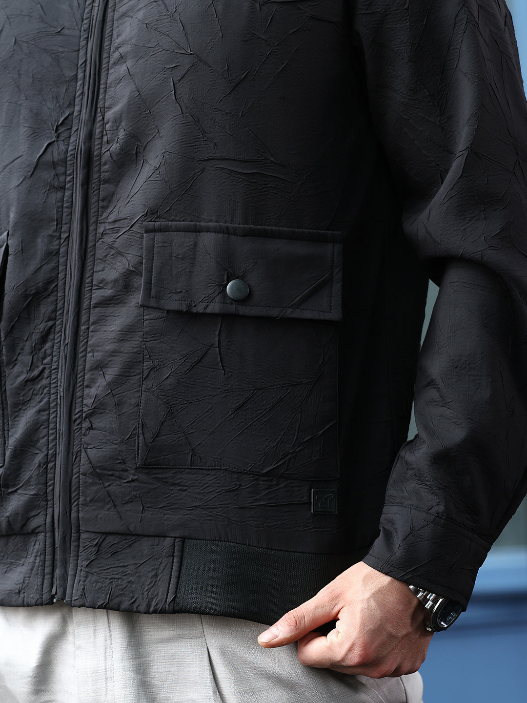 Zip-Front Foliage-Tactile Bomber Jacket