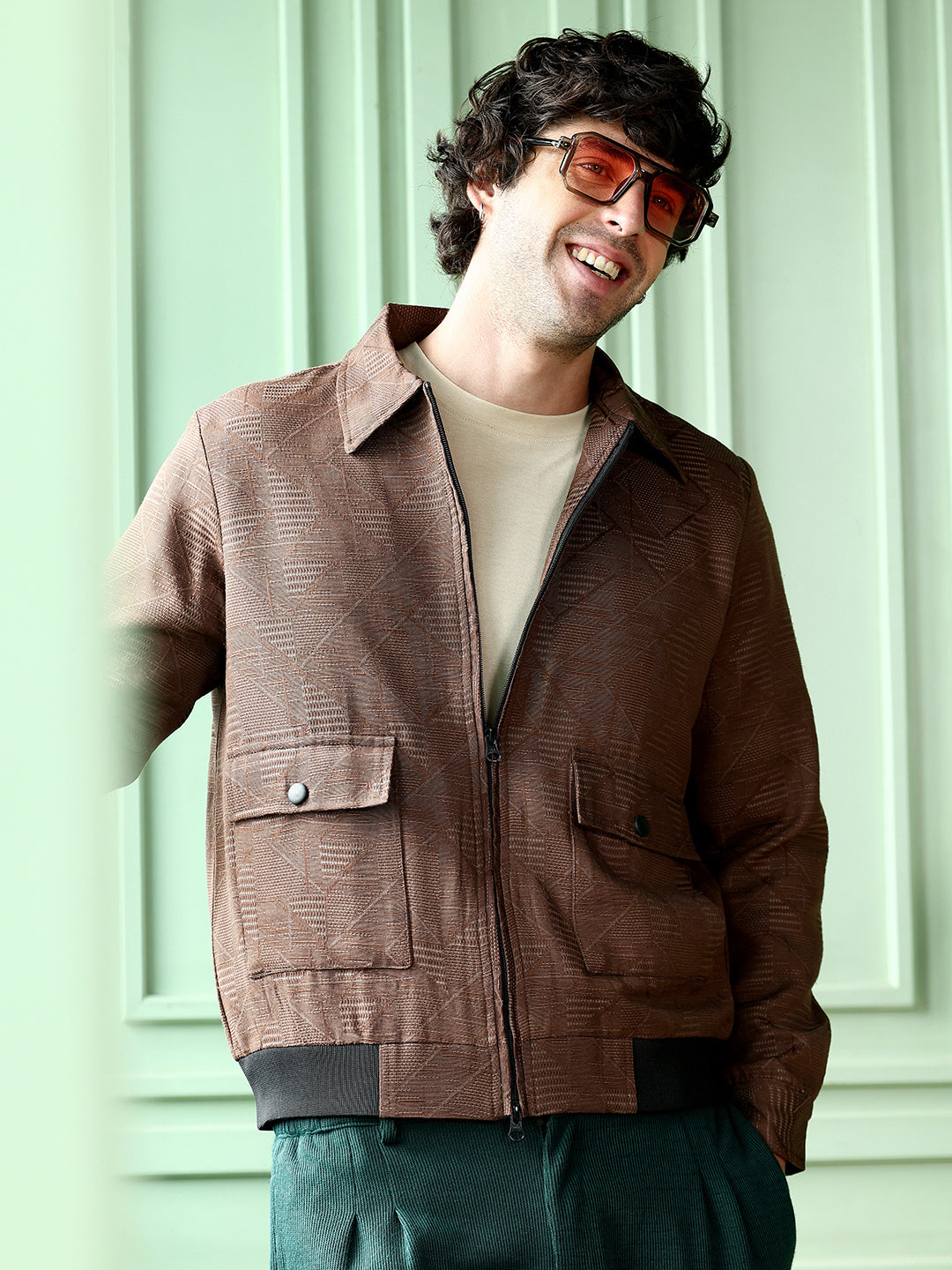 Geometric-Jacquard Zip-Front Jacket