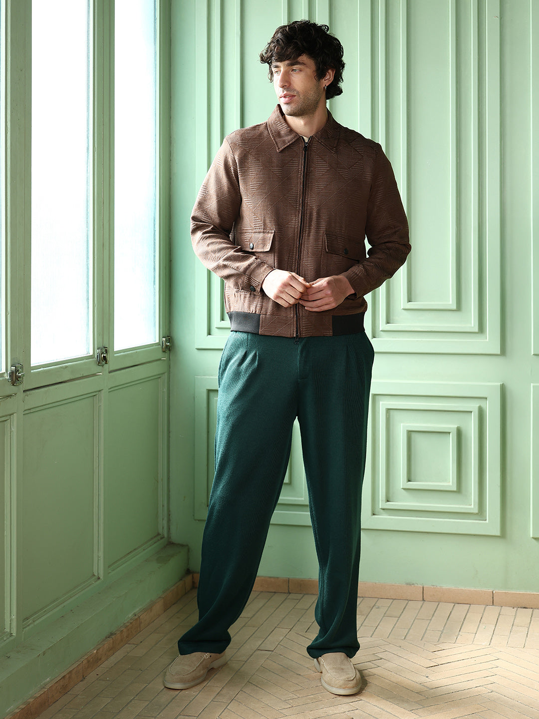 Geometric-Jacquard Zip-Front Jacket