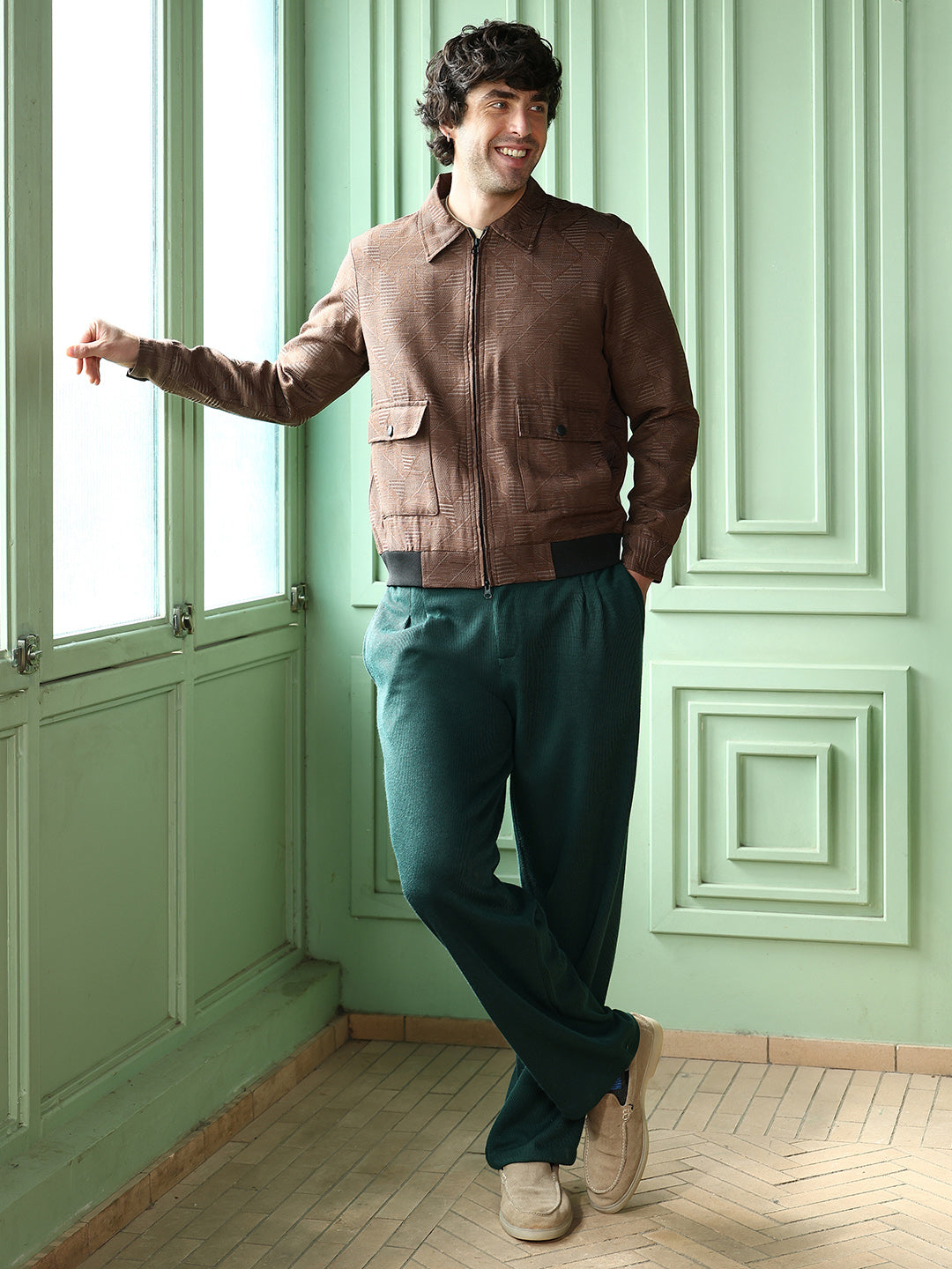 Geometric-Jacquard Zip-Front Jacket