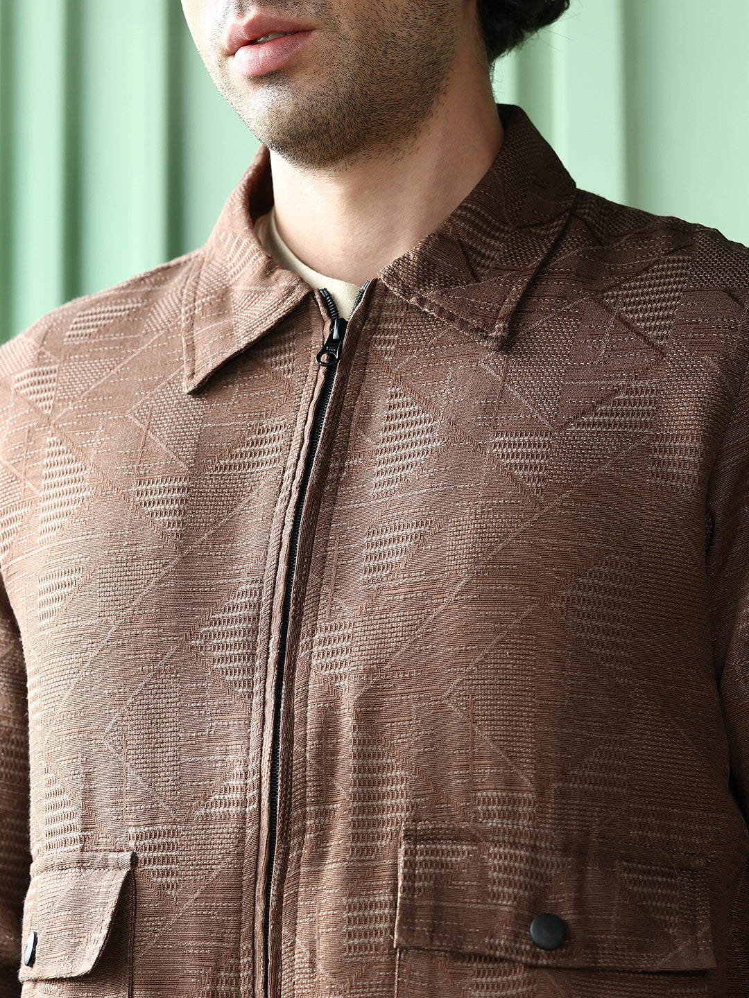 Geometric-Jacquard Zip-Front Jacket