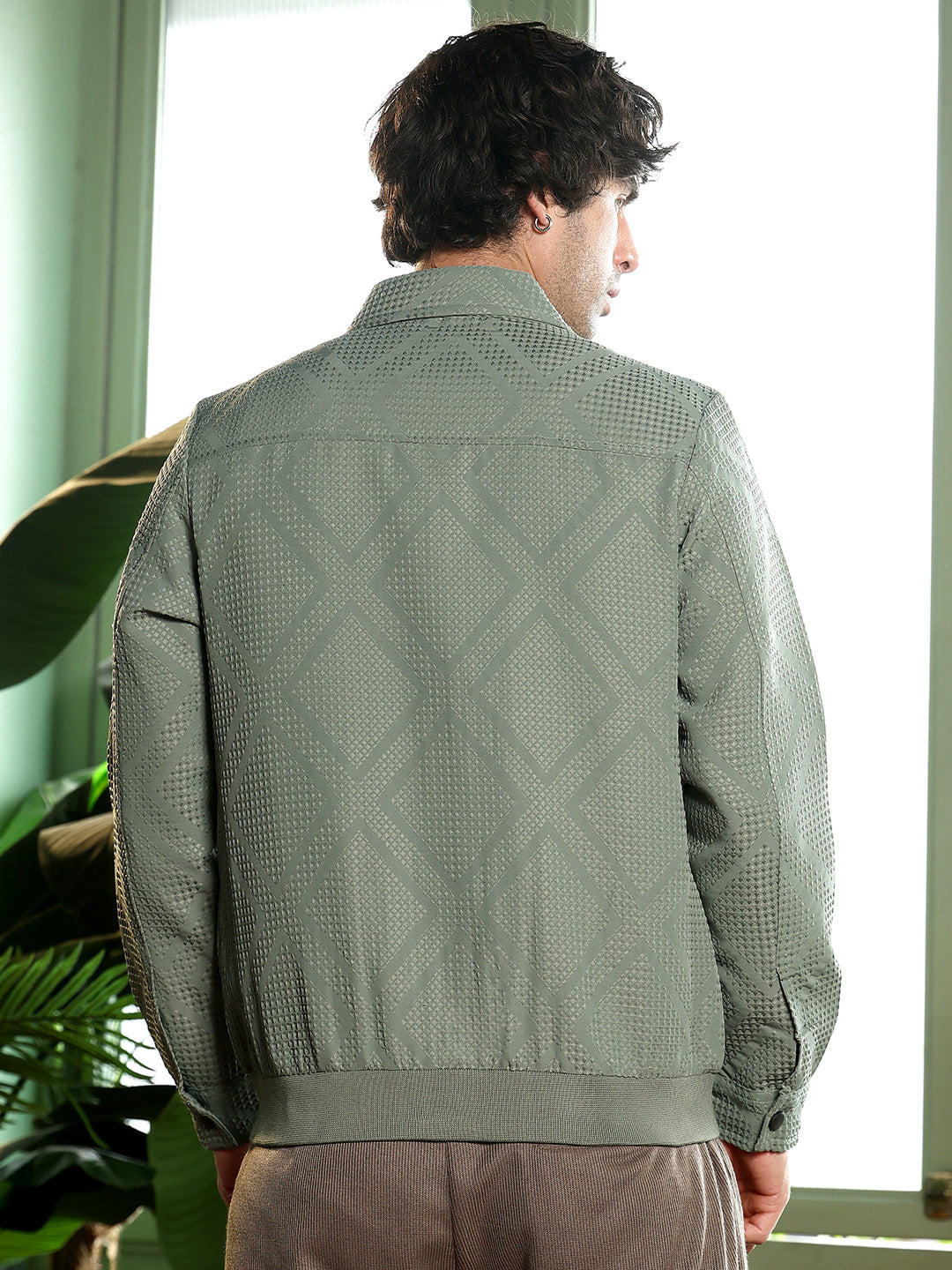 Rhombus-Jacquard Zip-Front Jacket