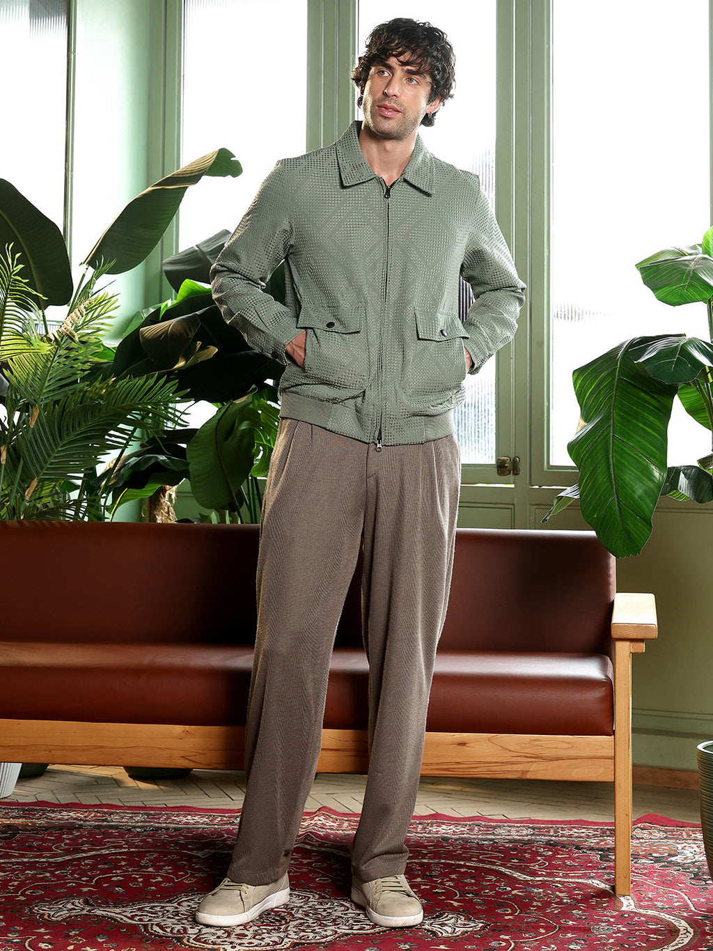 Rhombus-Jacquard Zip-Front Jacket