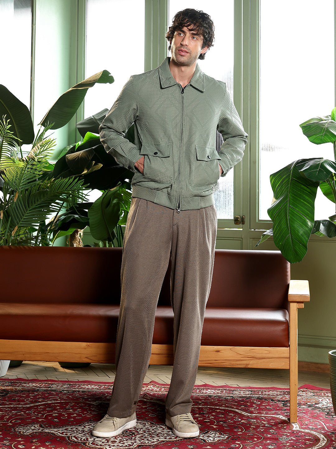 Rhombus-Jacquard Zip-Front Jacket