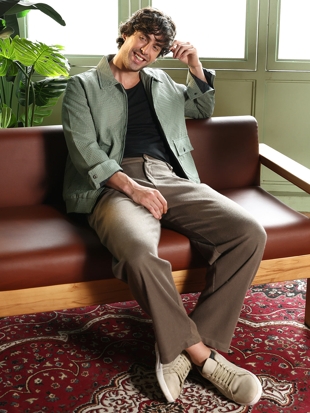 Rhombus-Jacquard Zip-Front Jacket