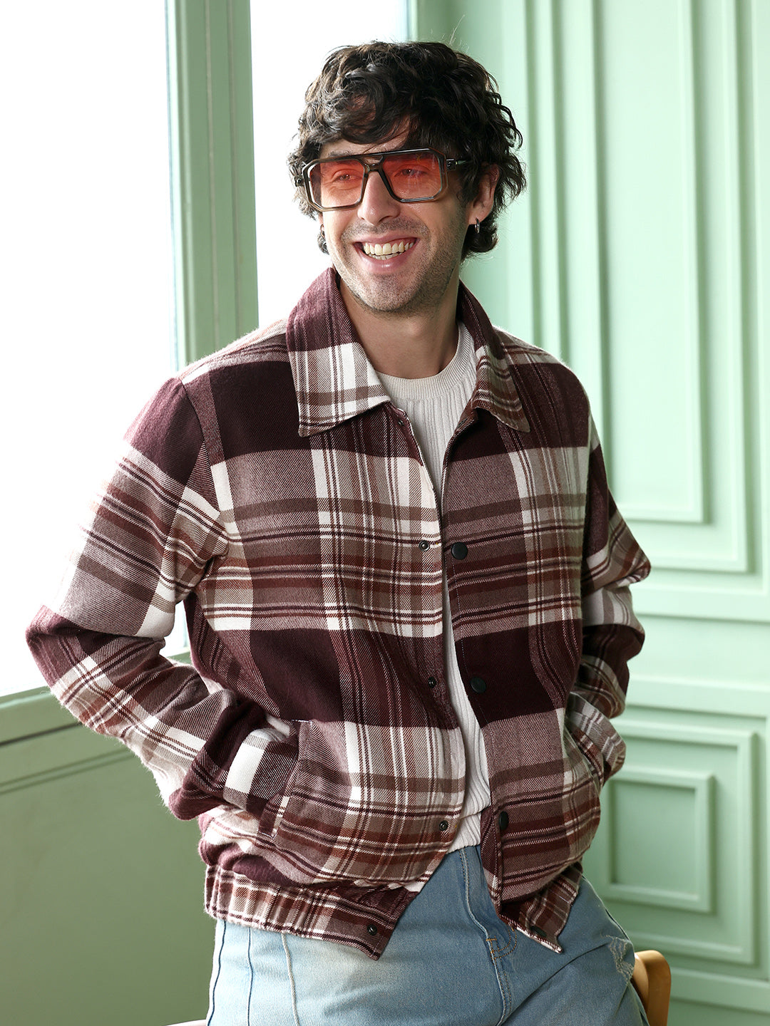 Brushed-Plaid Bomber Jacket