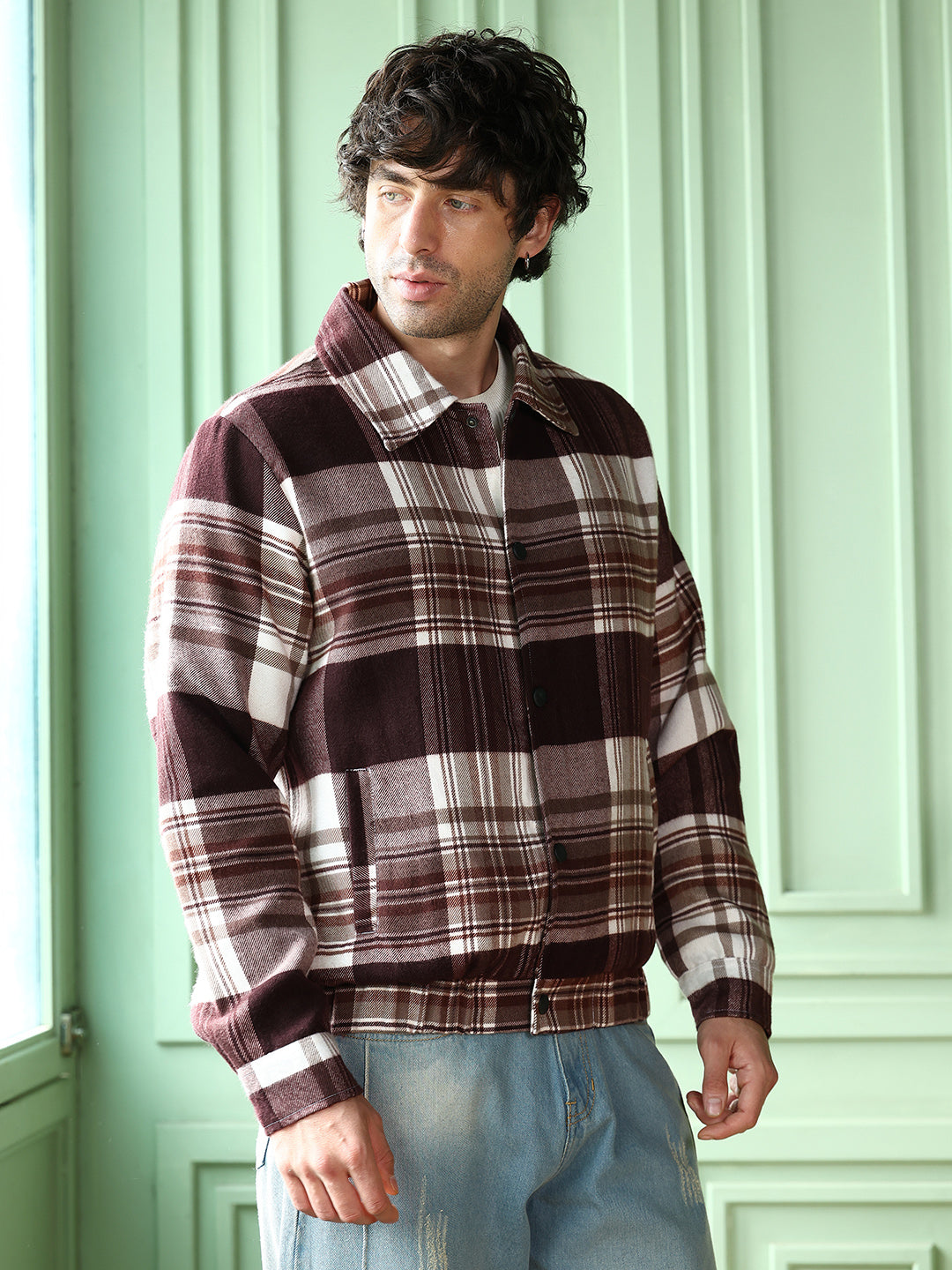 Brushed-Plaid Bomber Jacket