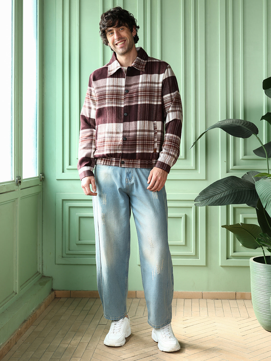 Brushed-Plaid Bomber Jacket