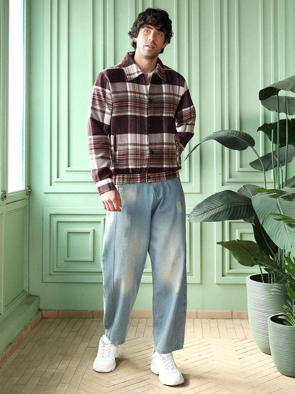 Brushed-Plaid Bomber Jacket