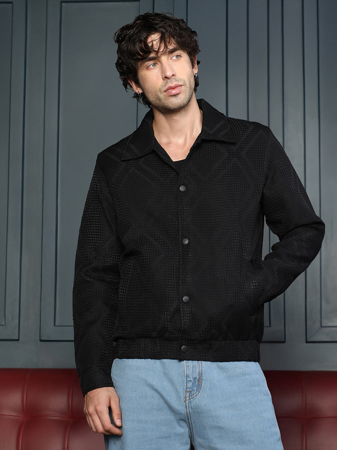 Rhombus-Jacquard Bomber Jacket