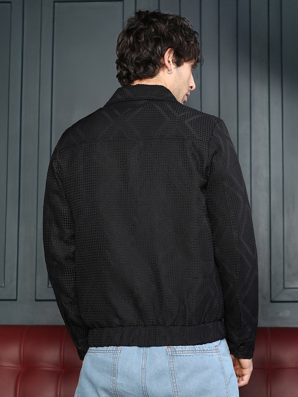 Rhombus-Jacquard Bomber Jacket