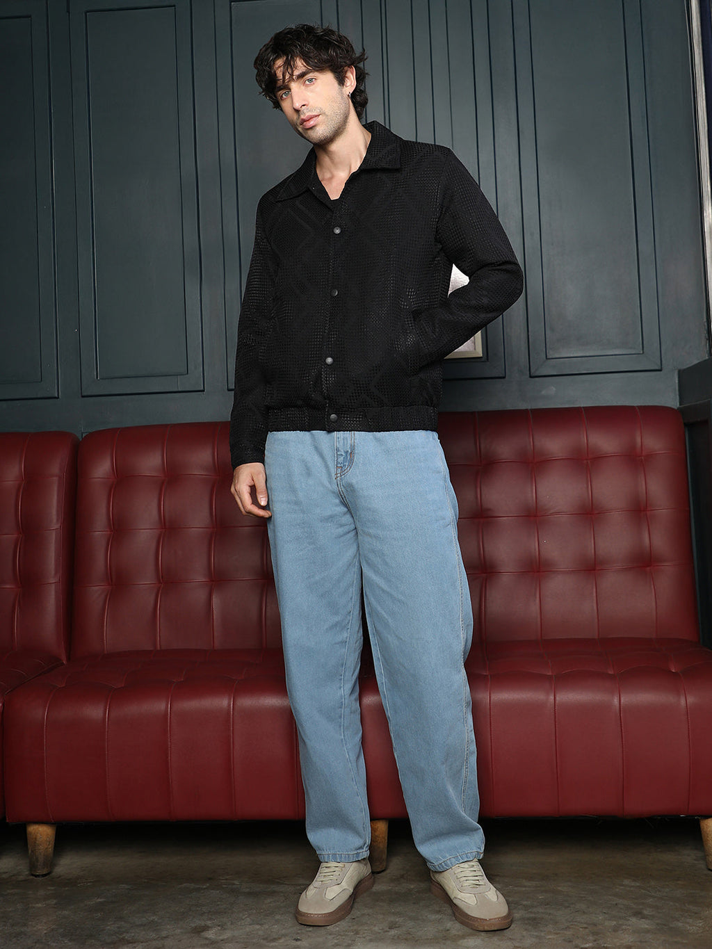 Rhombus-Jacquard Bomber Jacket