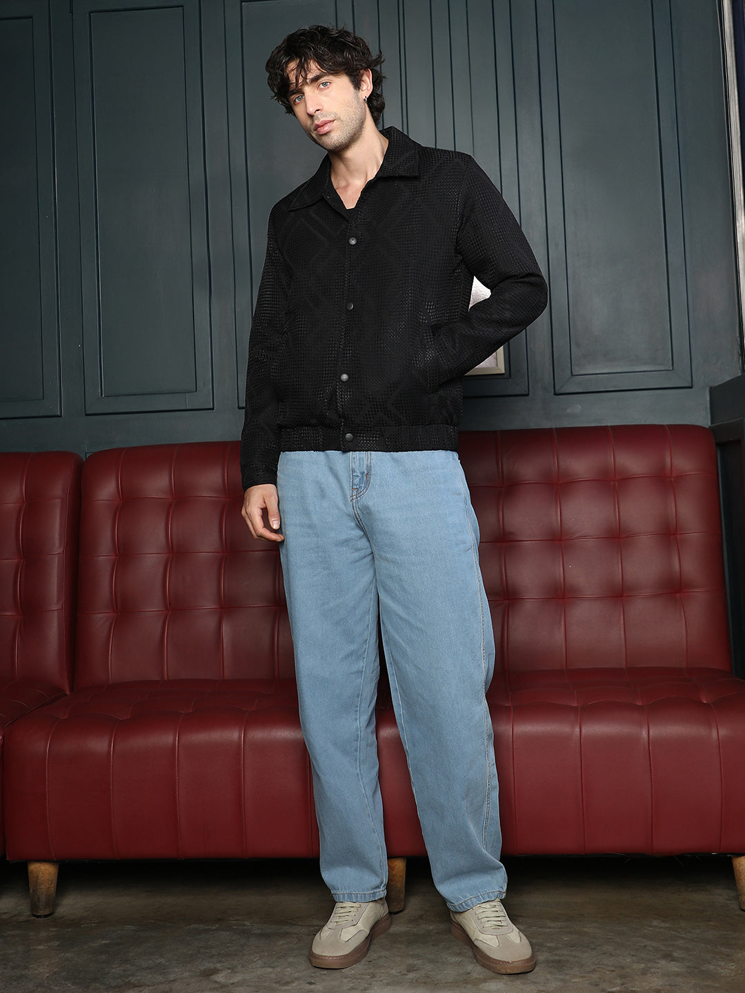 Rhombus-Jacquard Bomber Jacket