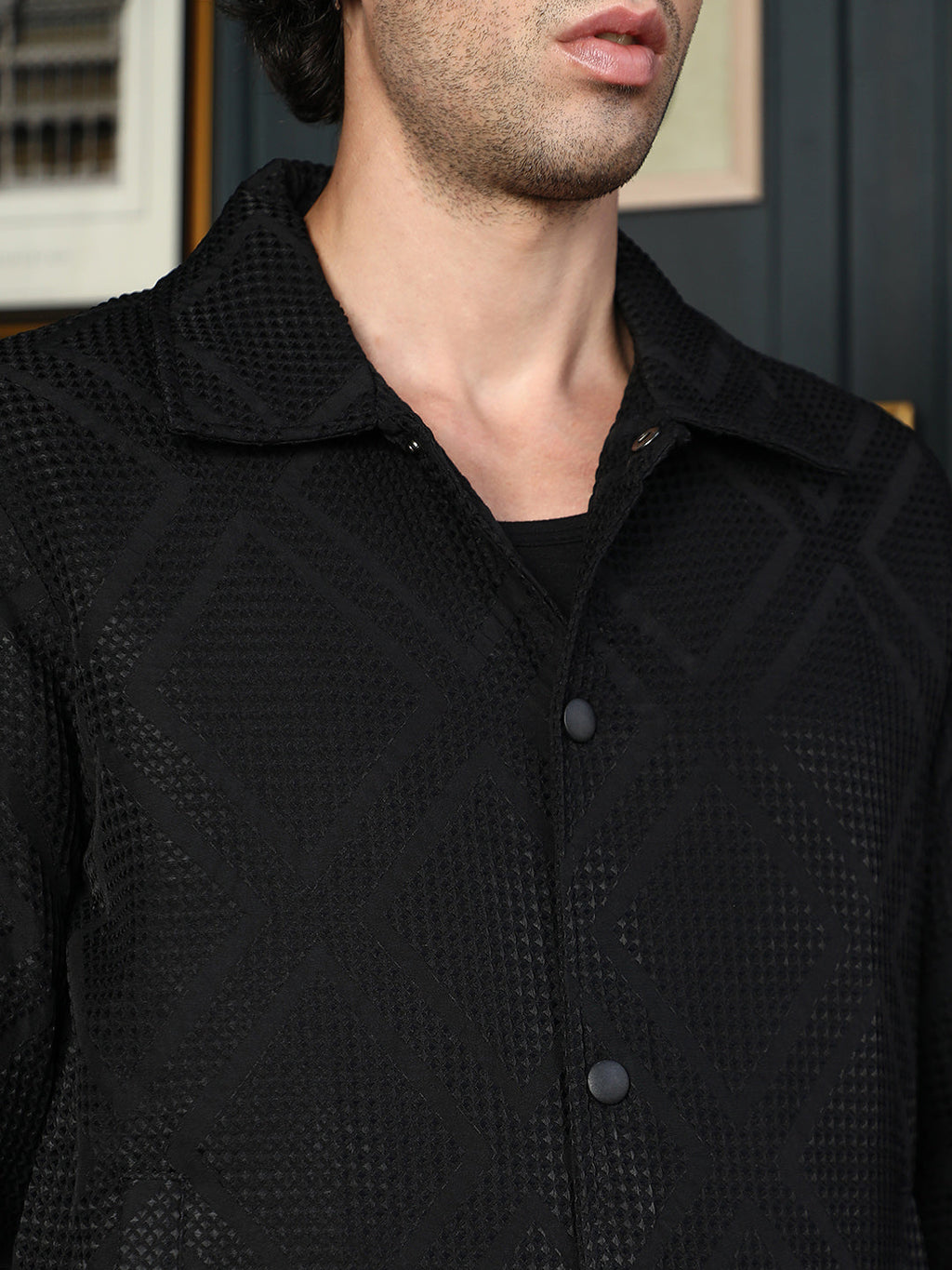 Rhombus-Jacquard Bomber Jacket