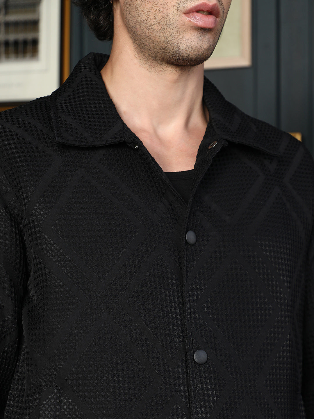 Rhombus-Jacquard Bomber Jacket