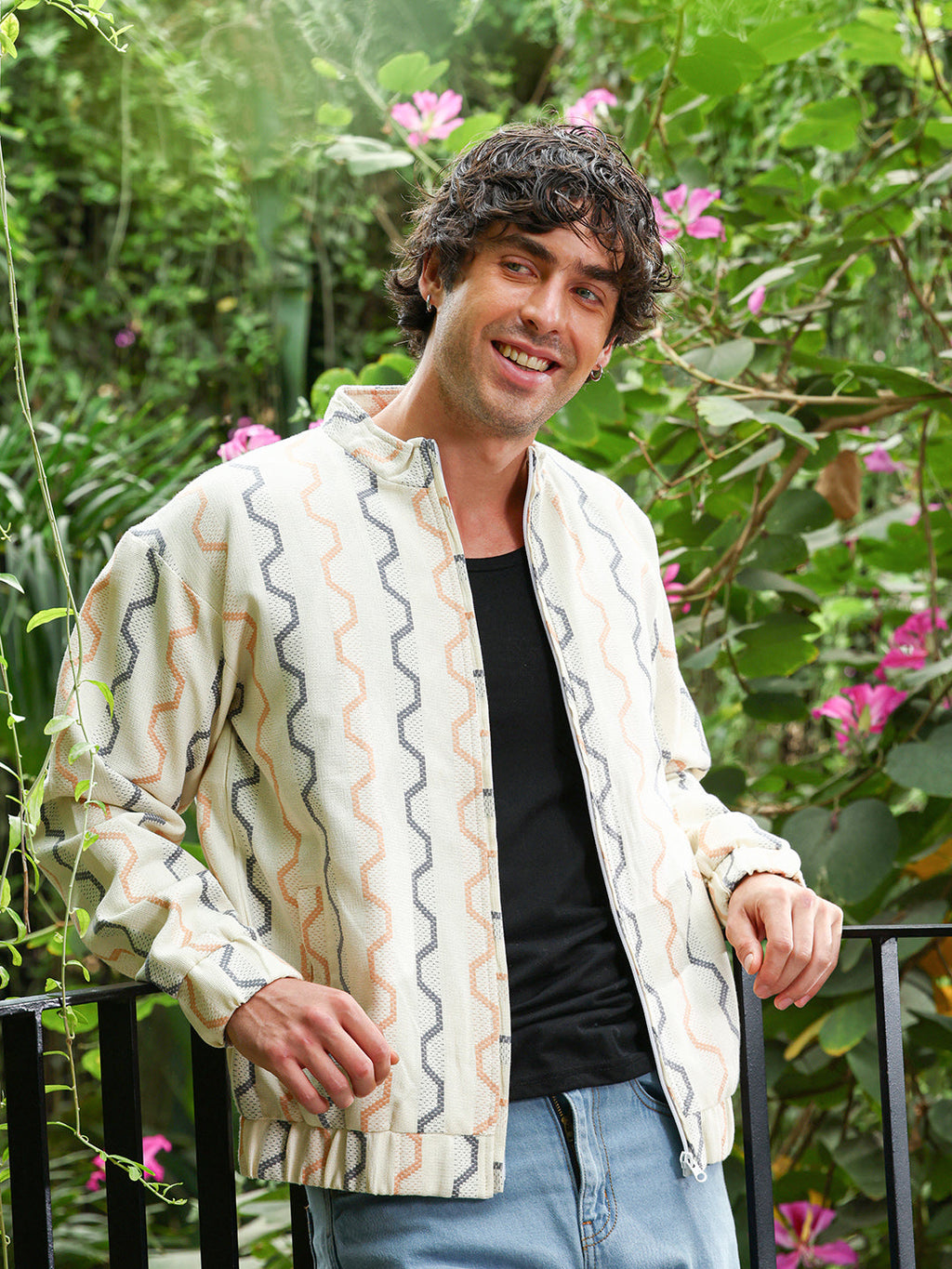 Zigzag-Jacquard Bomber Jacket