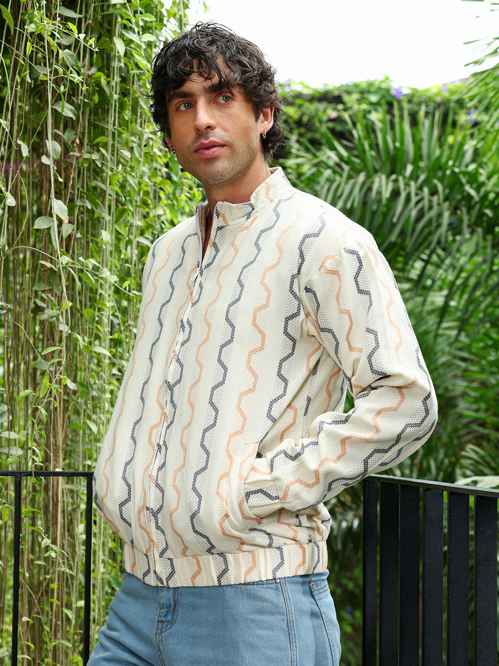 Zigzag-Jacquard Bomber Jacket