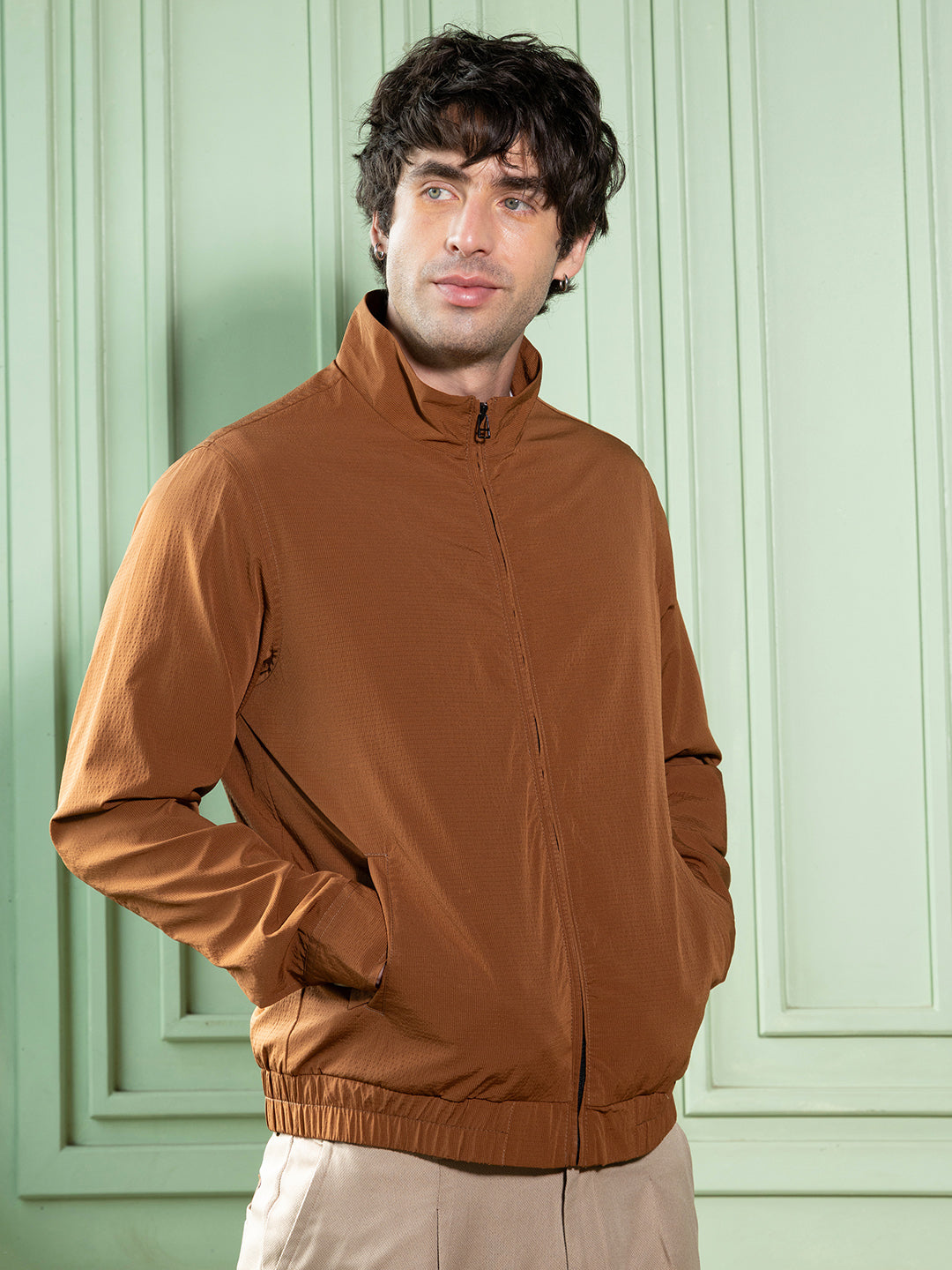 Solid-Textured Bomber Jacket