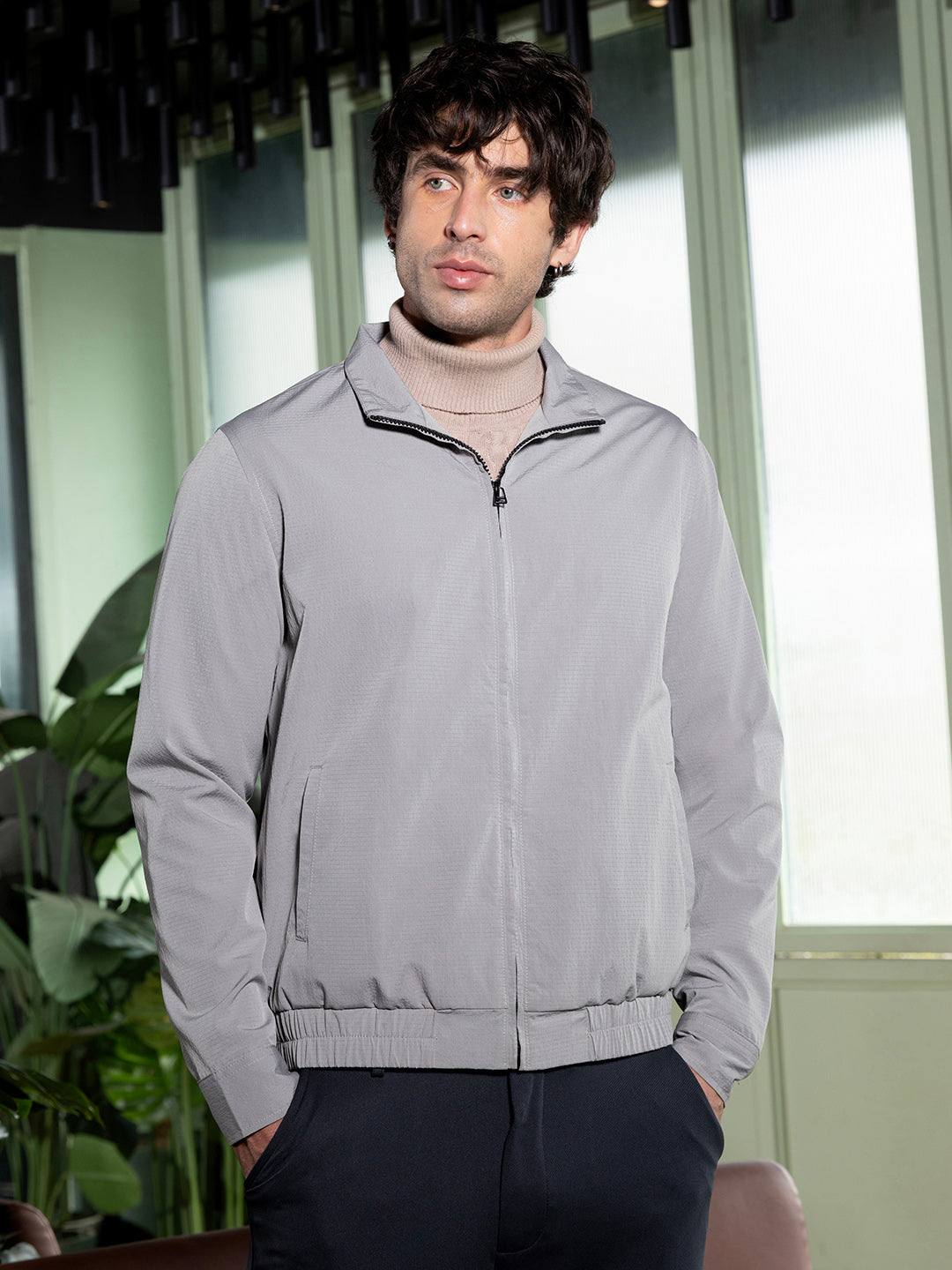 Solid-Textured Bomber Jacket