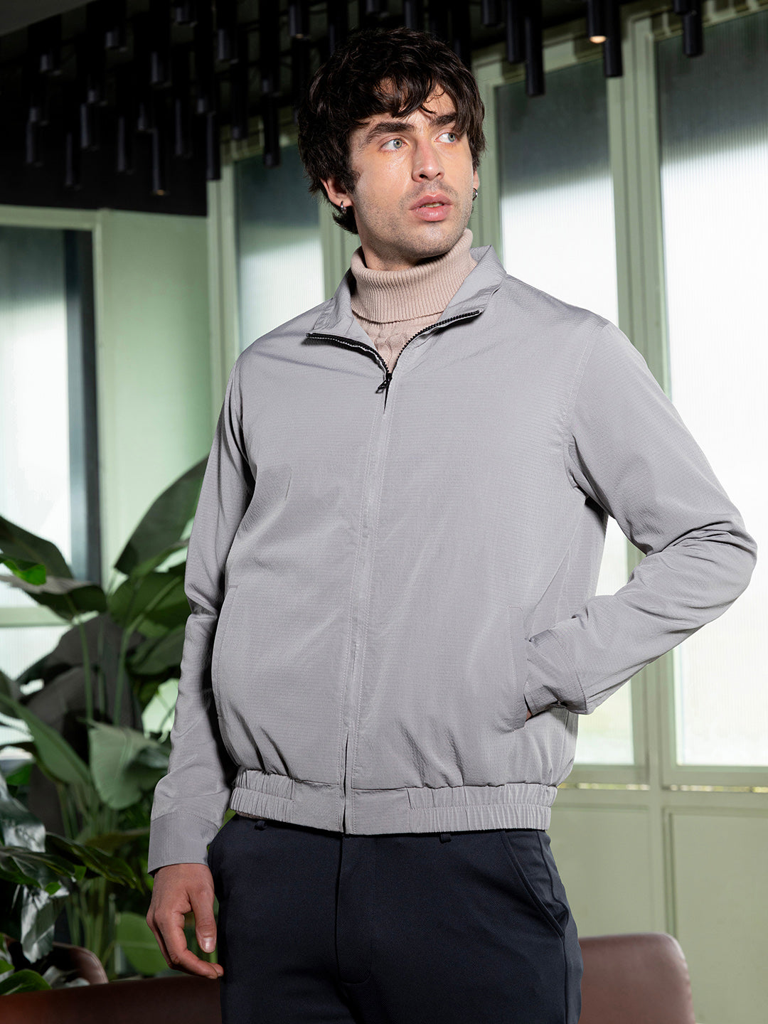 Solid-Textured Bomber Jacket