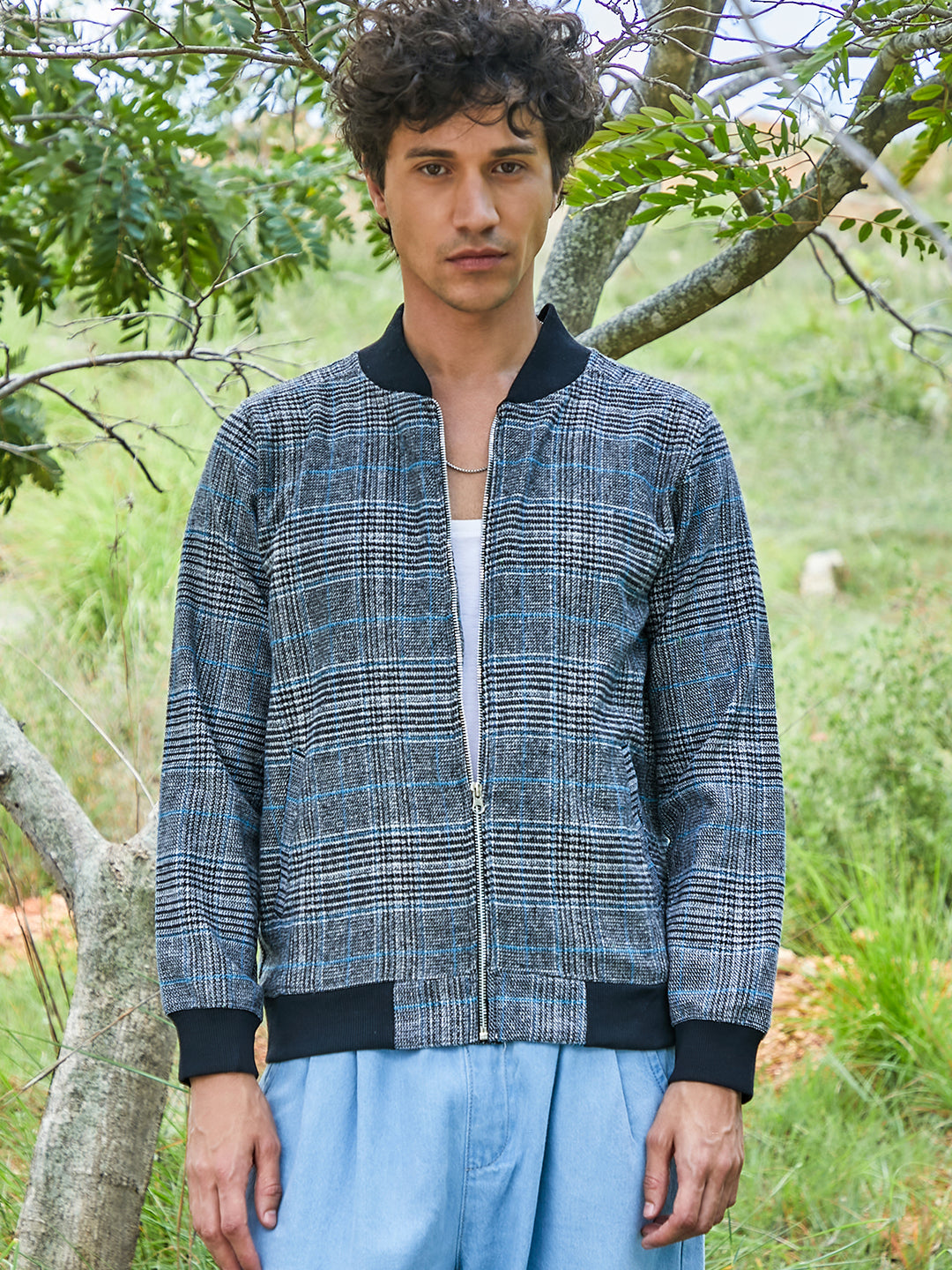 Tartan Plaid Jacket With Ribbed Hem