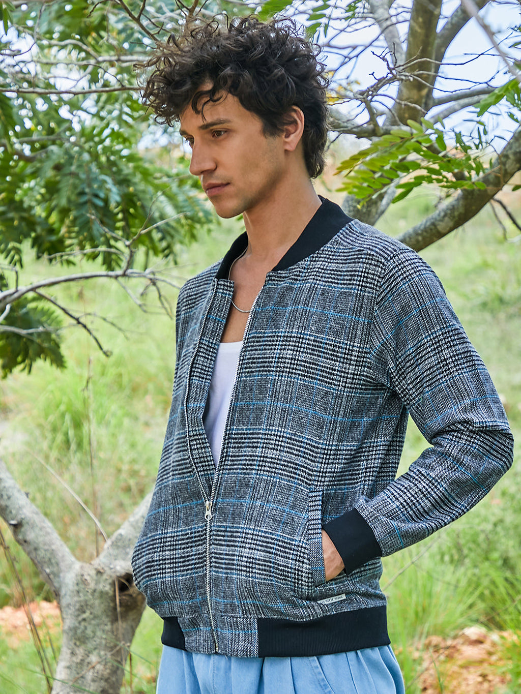 Tartan Plaid Jacket With Ribbed Hem