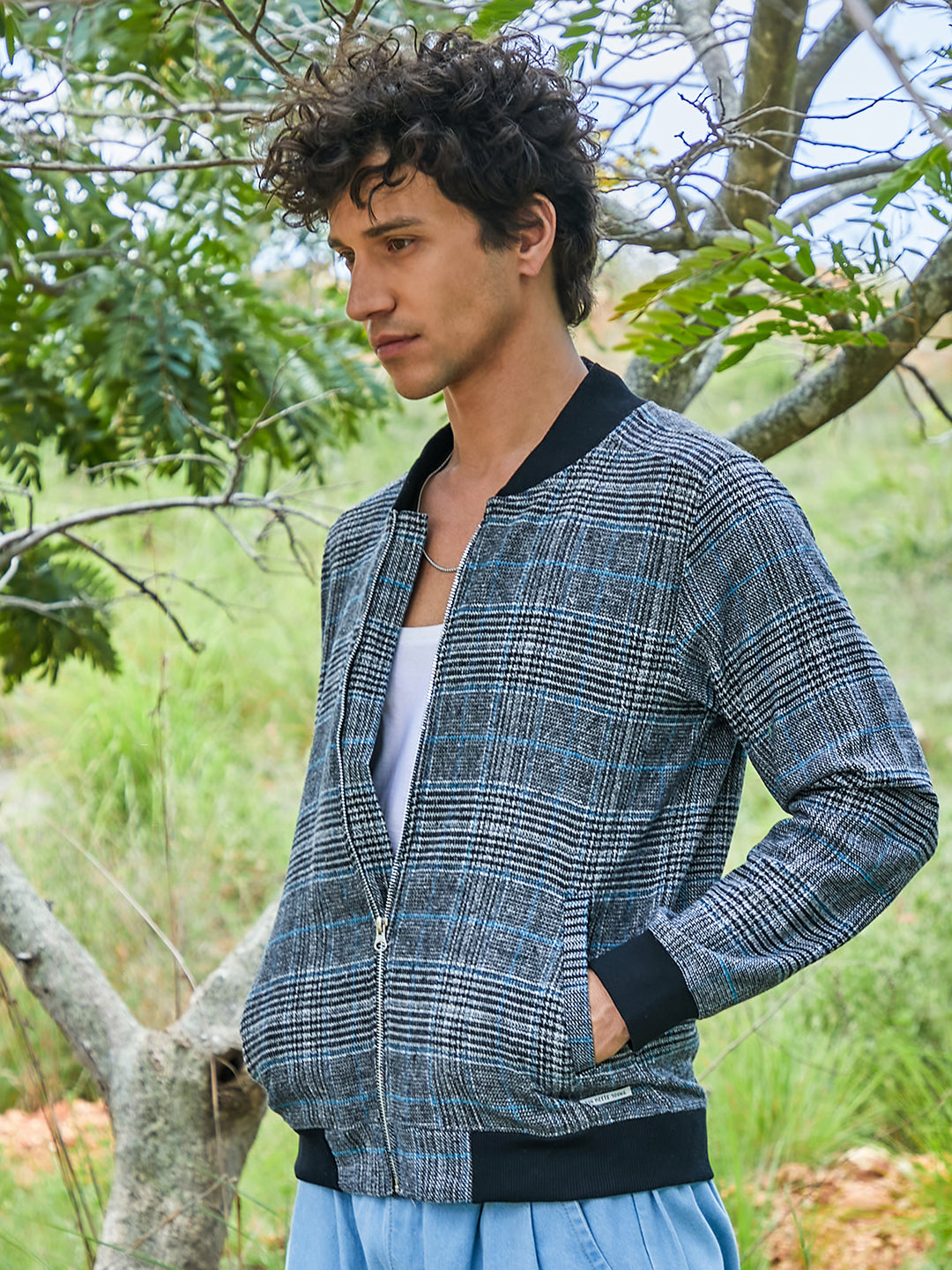 Tartan Plaid Jacket With Ribbed Hem